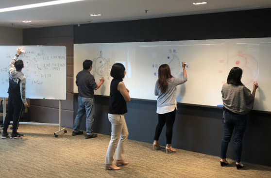 Students working through Chinese Metaphysics charts on whiteboards during a class
