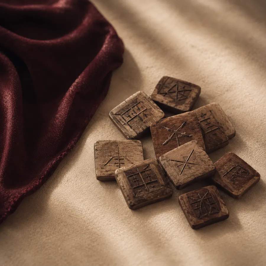 Carved wooden tiles laid out on burgundy silk in low light