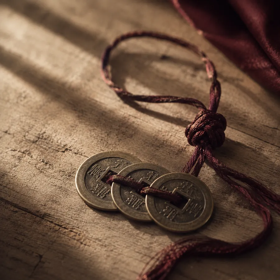 Three Chinese coins strung on a red cord