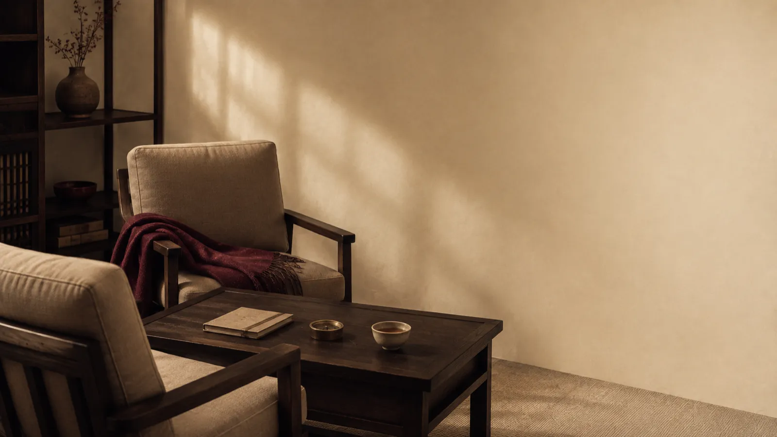 Two low chairs and a dark wood table set for a consultation, tea poured