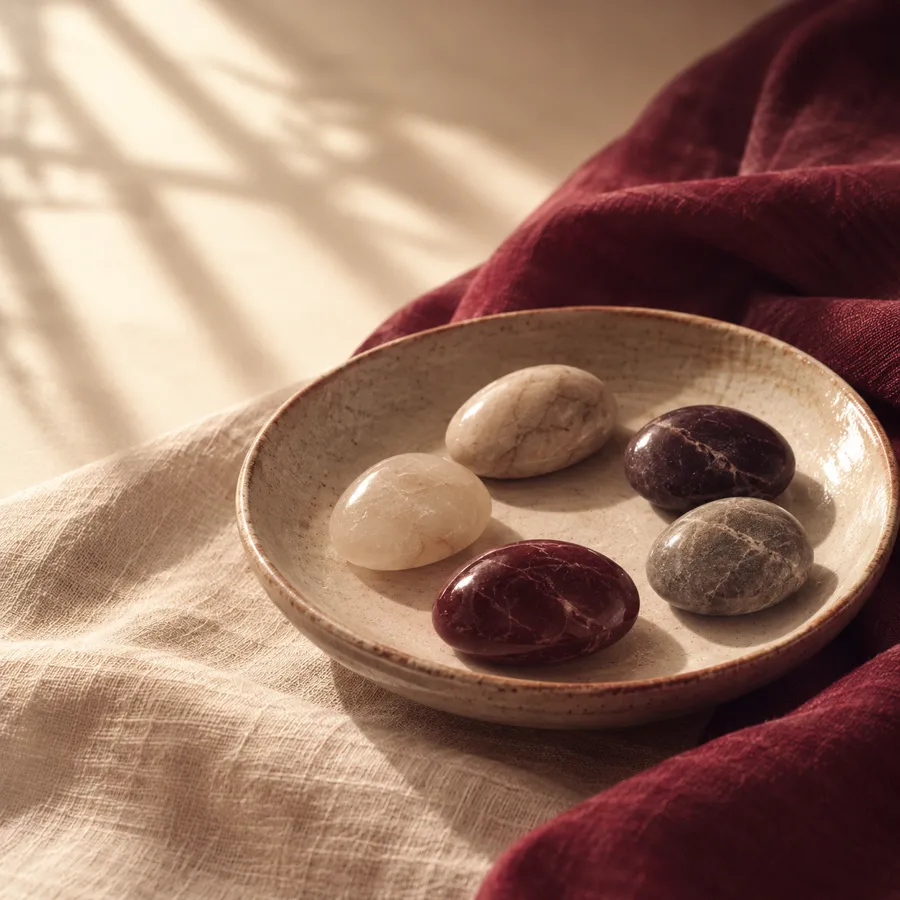 Five polished stones resting in a shallow dish on burgundy cloth
