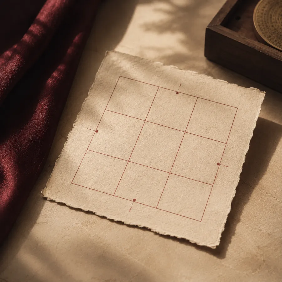 A nine‑square grid drawn in red ink on a sheet of handmade paper, with the four cardinal points marked