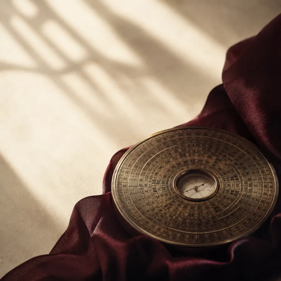 A brass luopan compass resting on burgundy silk in raking afternoon light
